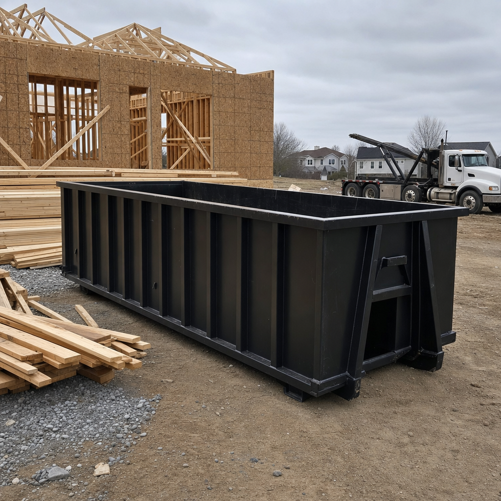 Matte-black 40-yard roll-off dumpster staged on a framed-out residential construction site in Boulder, framing lumber stacked nearby, hooklift delivery truck visible in the background under bright Colorado daylight