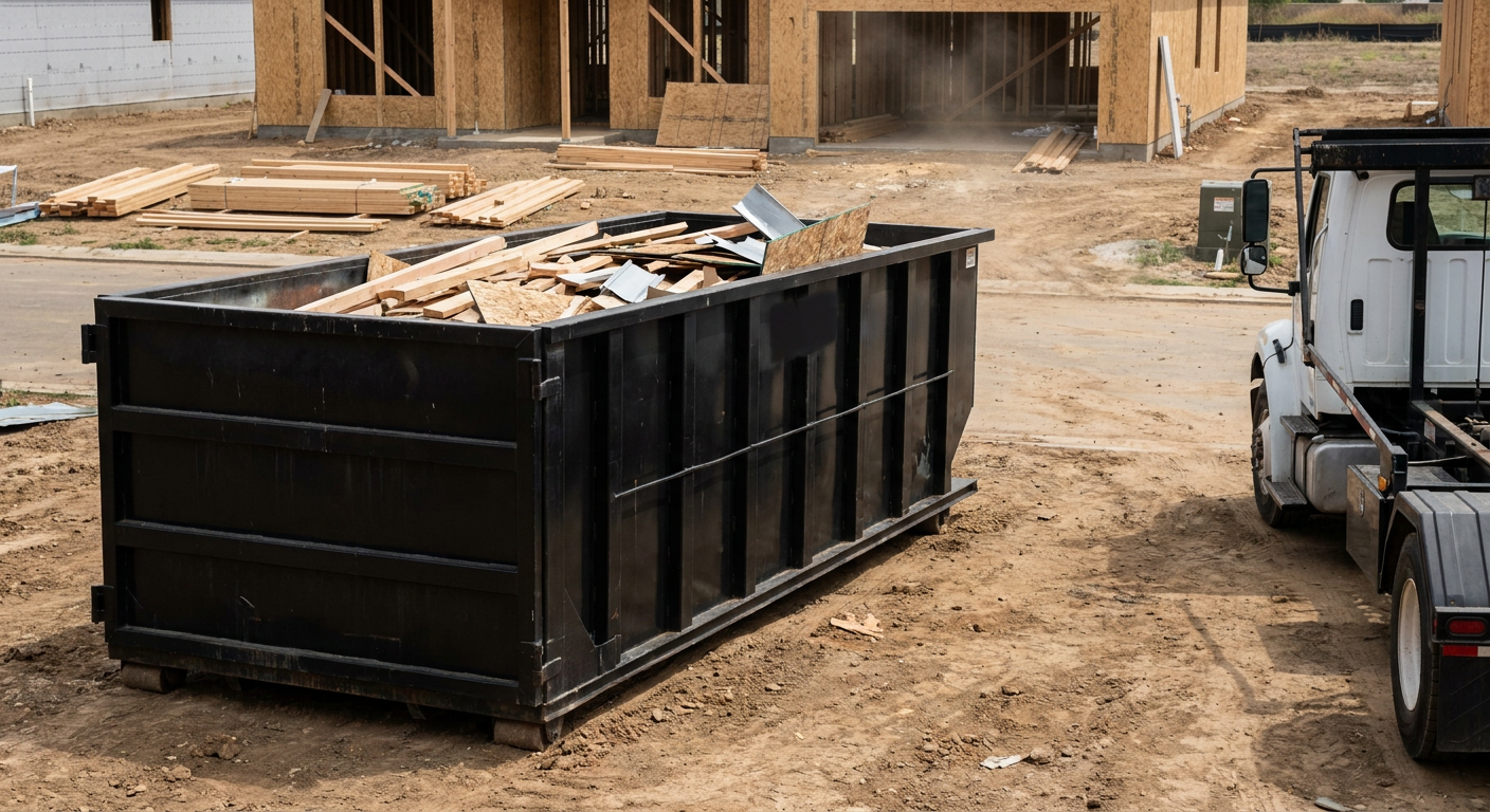 Matte-black 20-yard roll-off construction dumpster with heavy ribbed steel sidewalls and swing rear doors at a working jobsite in Boulder, sitting directly on compacted dirt with an unmarked white hauler partially visible at the far edge of the frame.