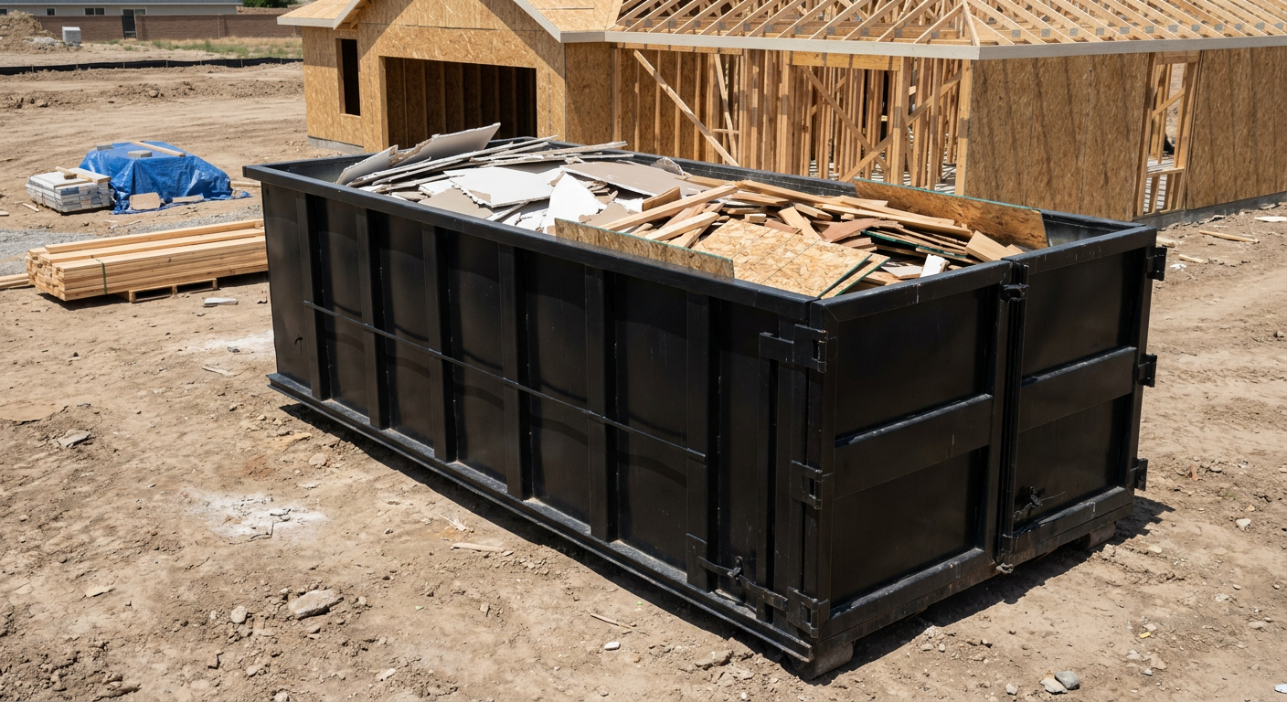 Matte-black 30-yard roll-off construction dumpster sitting directly on the compacted-dirt site of a framed single-family home build in Boulder, drywall and lumber scrap loaded inside.