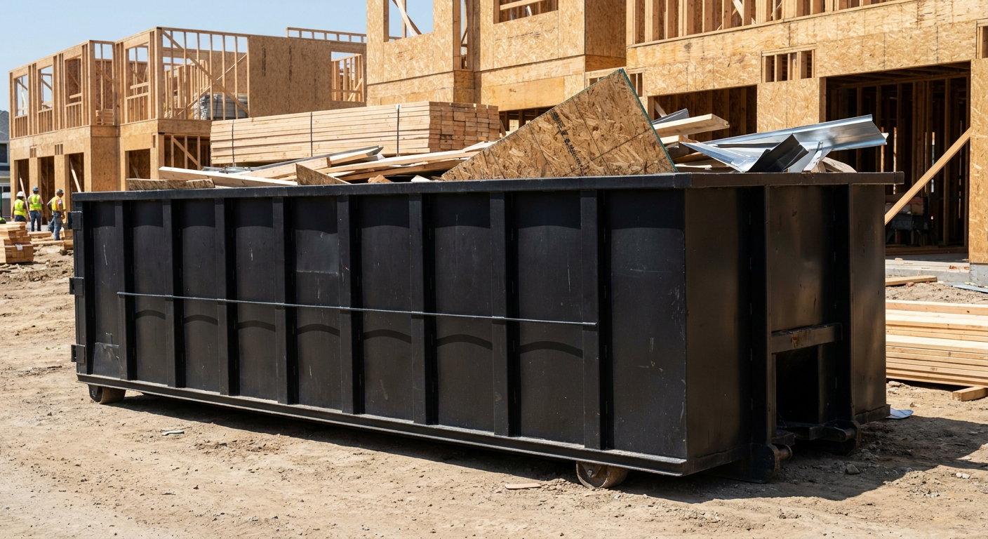Matte-black 40-yard roll-off construction dumpster being lowered from a white-cab hooklift delivery truck onto the compacted-dirt jobsite at a commercial build site in Boulder