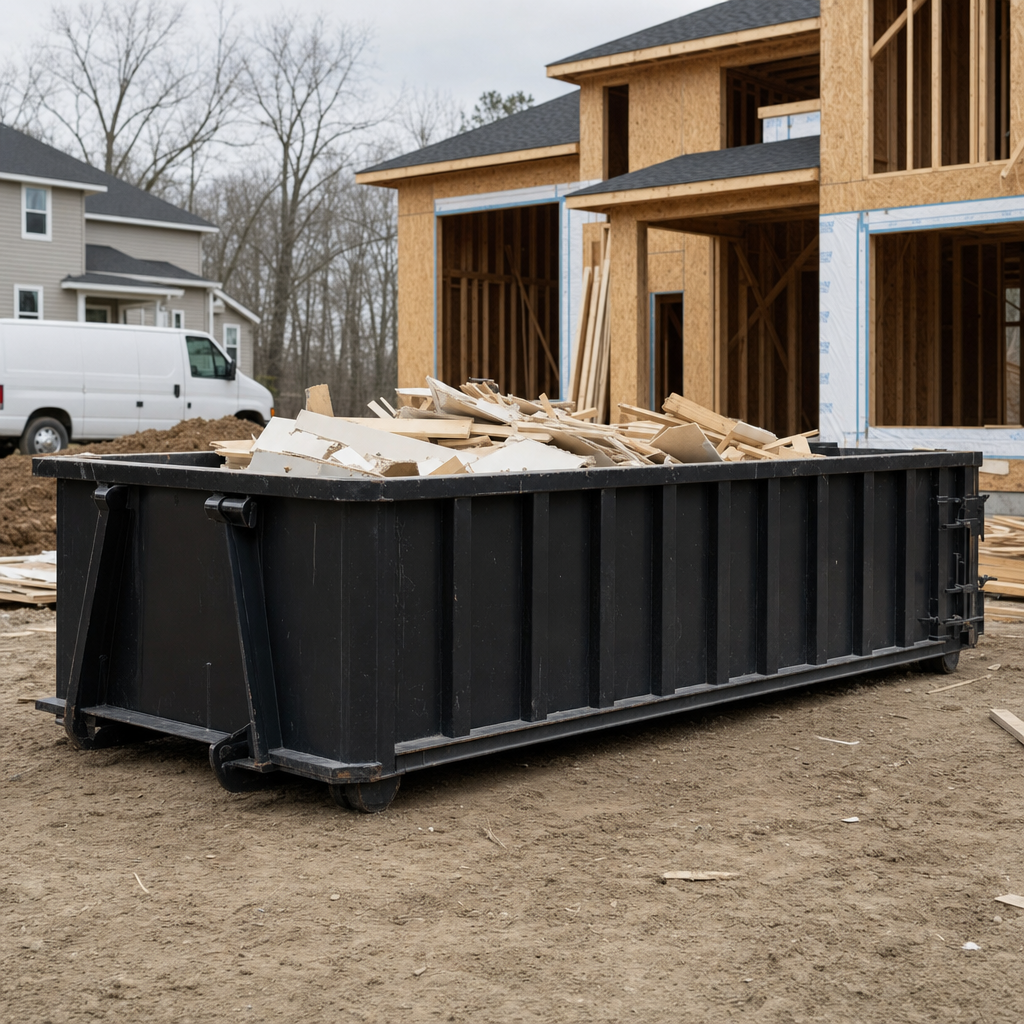 Worker in a yellow high-visibility vest tossing framing lumber and broken drywall into a matte-black 30-yard construction roll-off dumpster on an active build site in Boulder, bright daylight