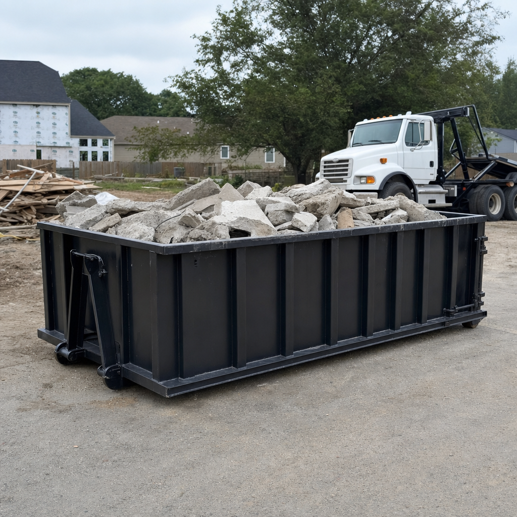 Low-profile matte-black lowboy roll-off dumpster loaded with broken concrete slab and rebar at a foundation tear-out in Boulder, skid steer parked beside it, sunny Colorado morning
