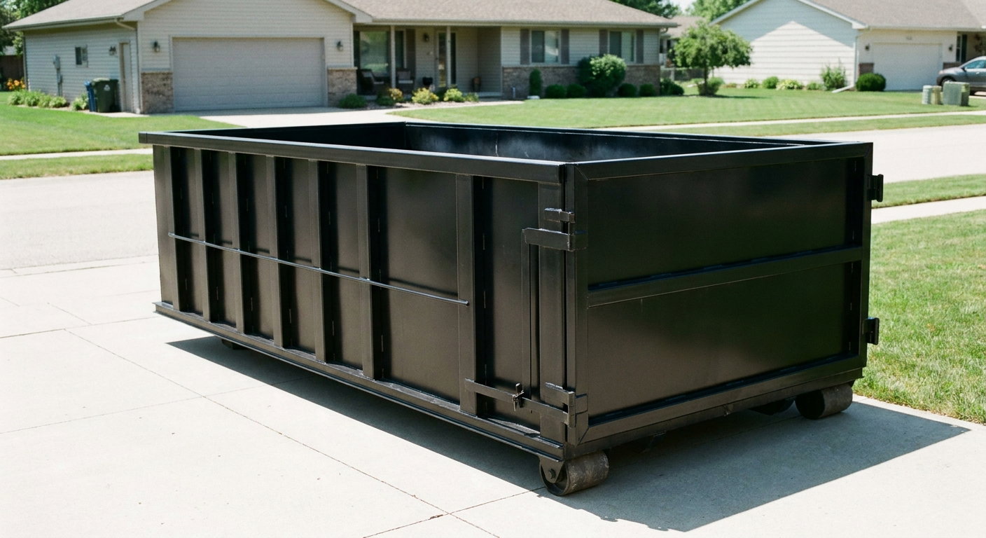 Matte-black 10-yard roll-off dumpster on a residential concrete driveway in Boulder, uniformly painted matte black across every panel and rail, ribbed steel sidewalls and rear swing door visible, mid-day daylight.