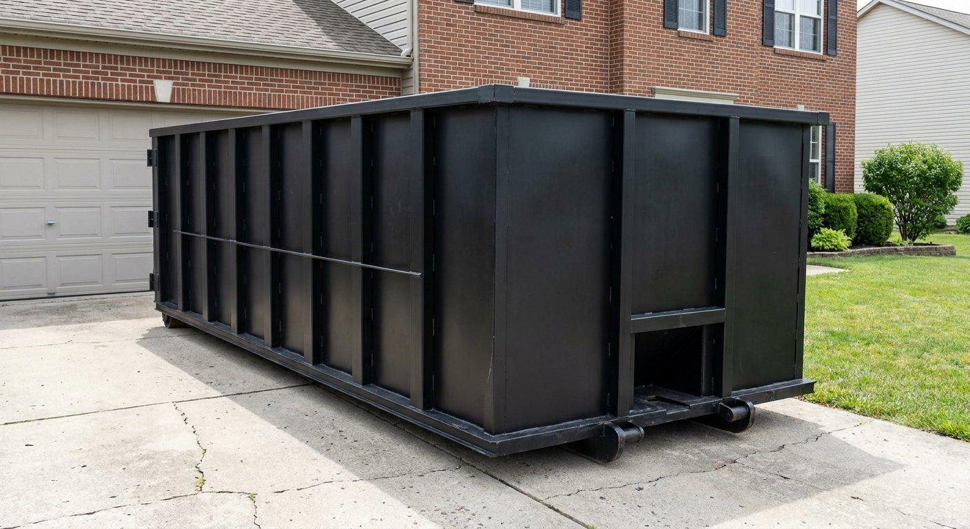Matte-black 20-yard roll-off container on a Boulder residential concrete driveway with reinforced ribbed steel sidewalls and a hinged rear walk-in door, clean bright daylight.