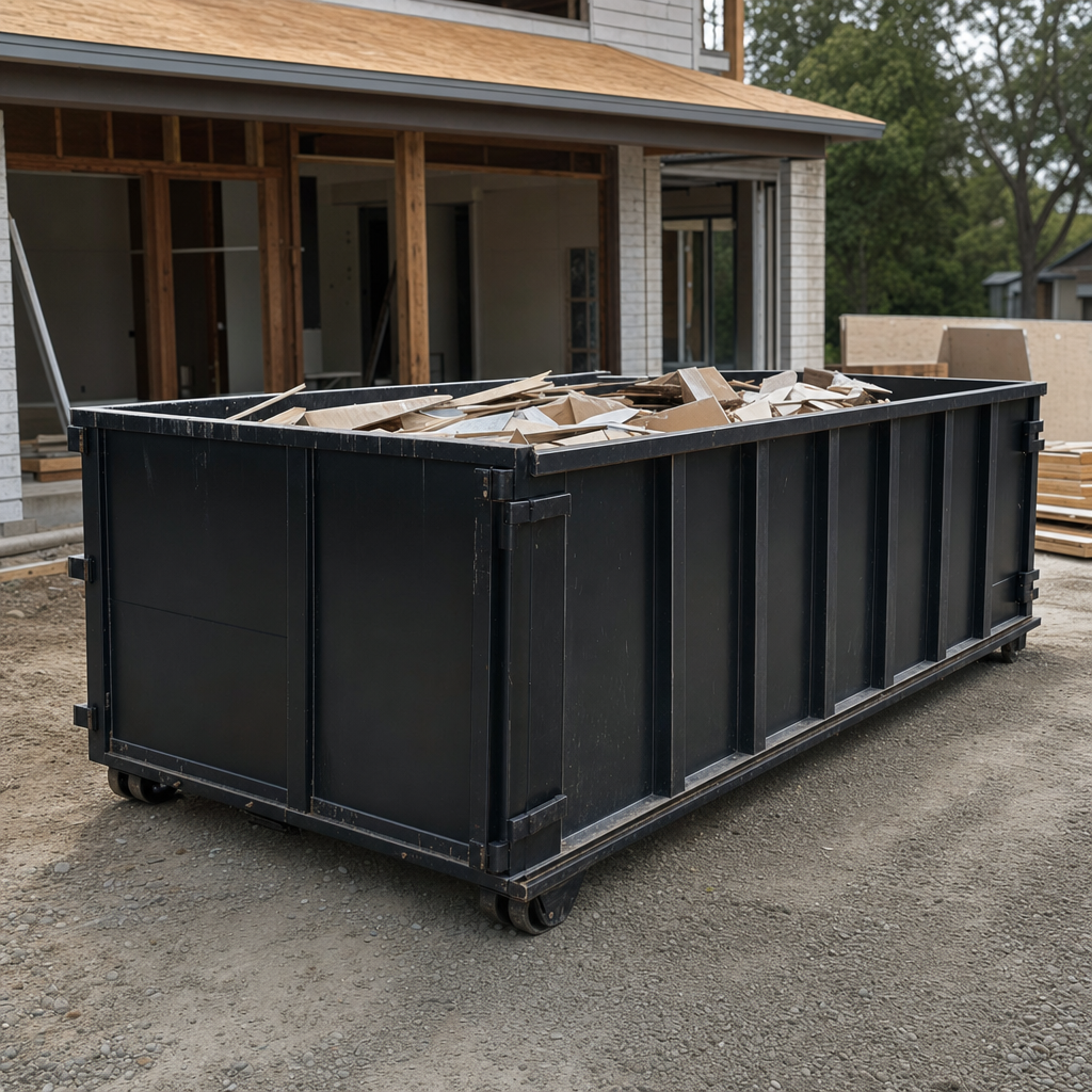 Large matte-black 30-yard construction roll-off dumpster at an active Boulder jobsite, steel-gray top rails and bottom rollers visible, loaded with construction debris.