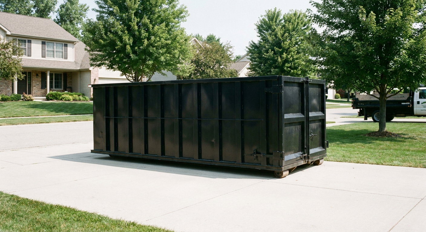 Matte-black 20-yard roll-off dumpster sitting level on a clean Boulder residential concrete driveway under bright daylight, demonstrating clean placement directly on the concrete.
