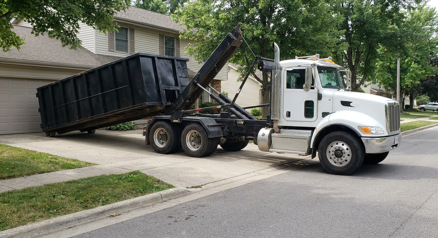 White-cab hooklift roll-off truck actively lowering a matte-black dumpster onto a Boulder residential concrete driveway, the dumpster's rear wheels touching the driveway as the hoist arm tilts the bed forward, mid-morning daylight.