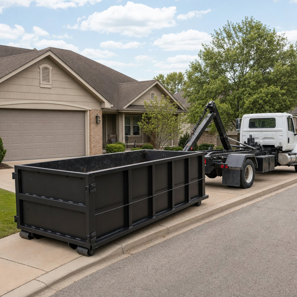 Wide documentary shot of a matte-black roll-off dumpster on a Boulder residential driveway in the foreground and a contractor jobsite container in the soft-focus background, bright daylight, calm and orderly composition.