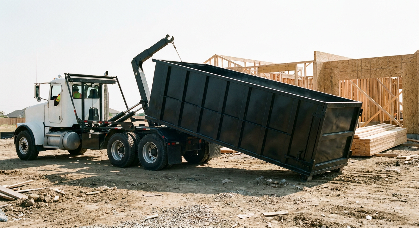 Matte-black roll-off dumpster being delivered onto a clean residential concrete driveway in Boulder by an unmarked white hooklift hauler truck, bright morning daylight, documentary 35mm perspective.