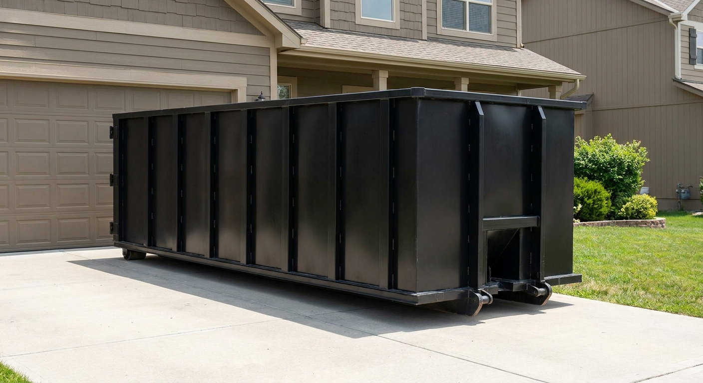 Matte-black residential roll-off dumpster sitting directly on a suburban Boulder concrete driveway, garage door closed, single-family home in background, bright morning daylight.