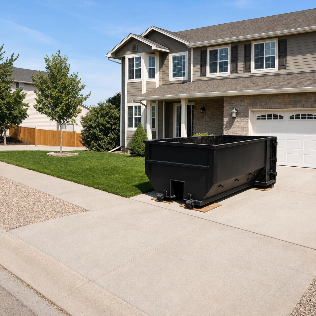 10-yard matte-black residential dumpster placed directly on a narrow Boulder concrete driveway, room remains for a parked sedan beside it, mid-morning natural light