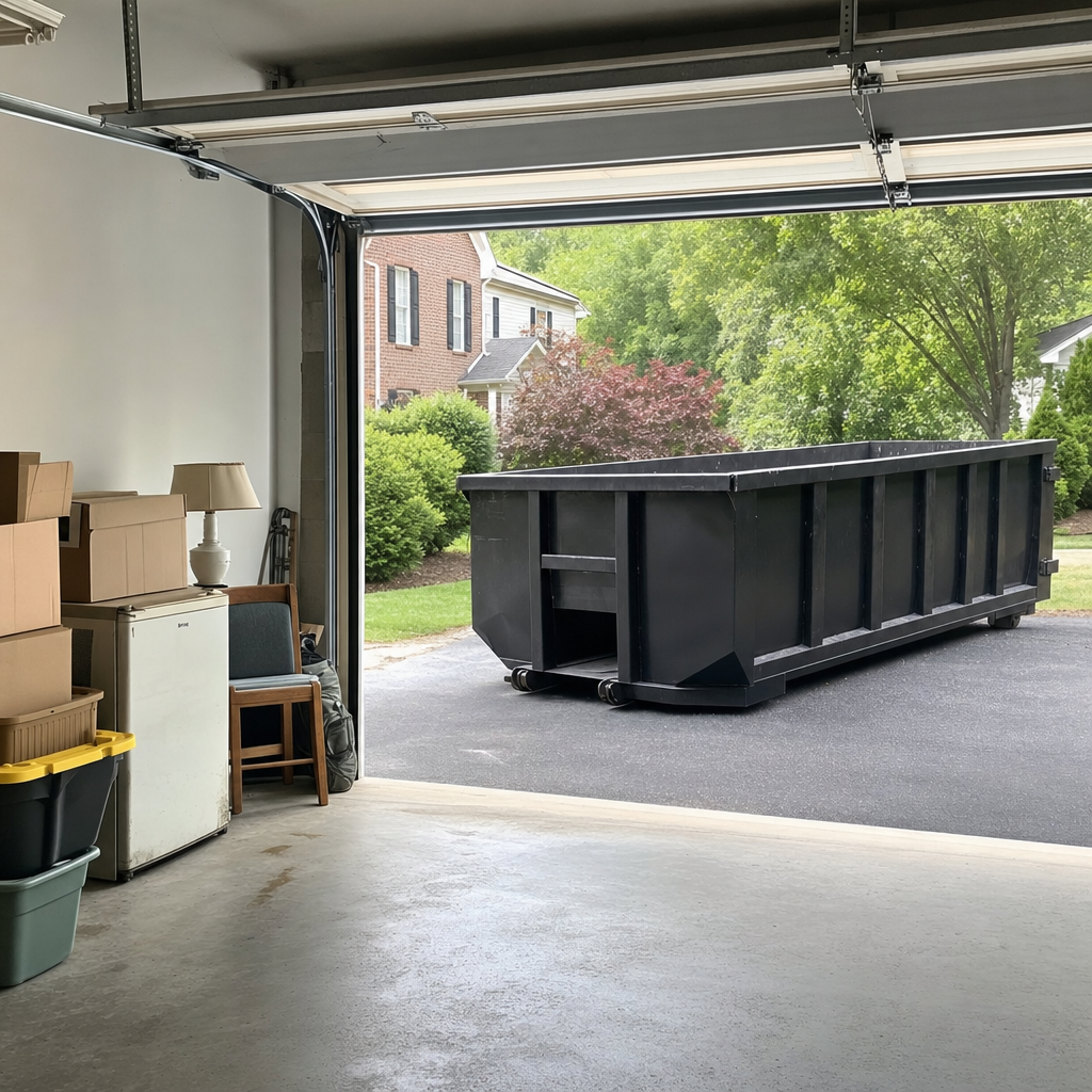Open garage interior in a Boulder home mid-cleanout — boxed items, an old appliance, and stacked yard tools queued near the driveway for a matte-black roll-off dumpster, organized and calm
