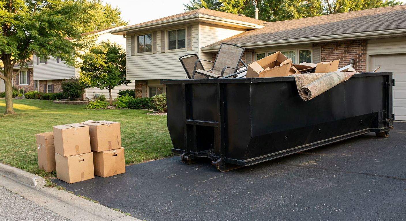 Front-yard view of a Boulder split-level home with a 20-yard matte-black roll-off dumpster sitting directly on the asphalt driveway, a few clearly labeled donation boxes staged at the curb, calm sunny afternoon.