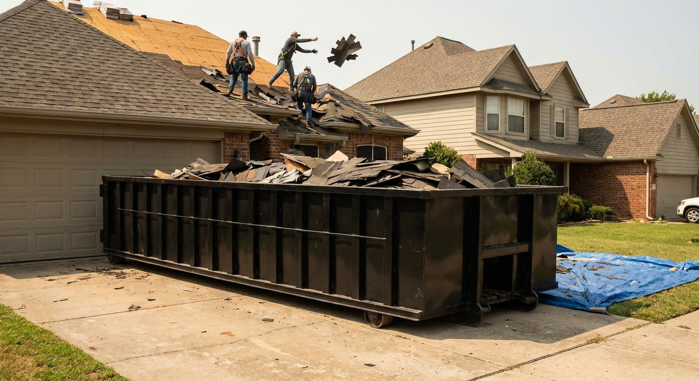 Matte-black roofing roll-off dumpster placed directly on a Boulder residential concrete driveway, a tear-off crew on a two-story asphalt-shingle roof tossing shingle bundles into the low-walled container, bright daylight, documentary 35mm perspective.