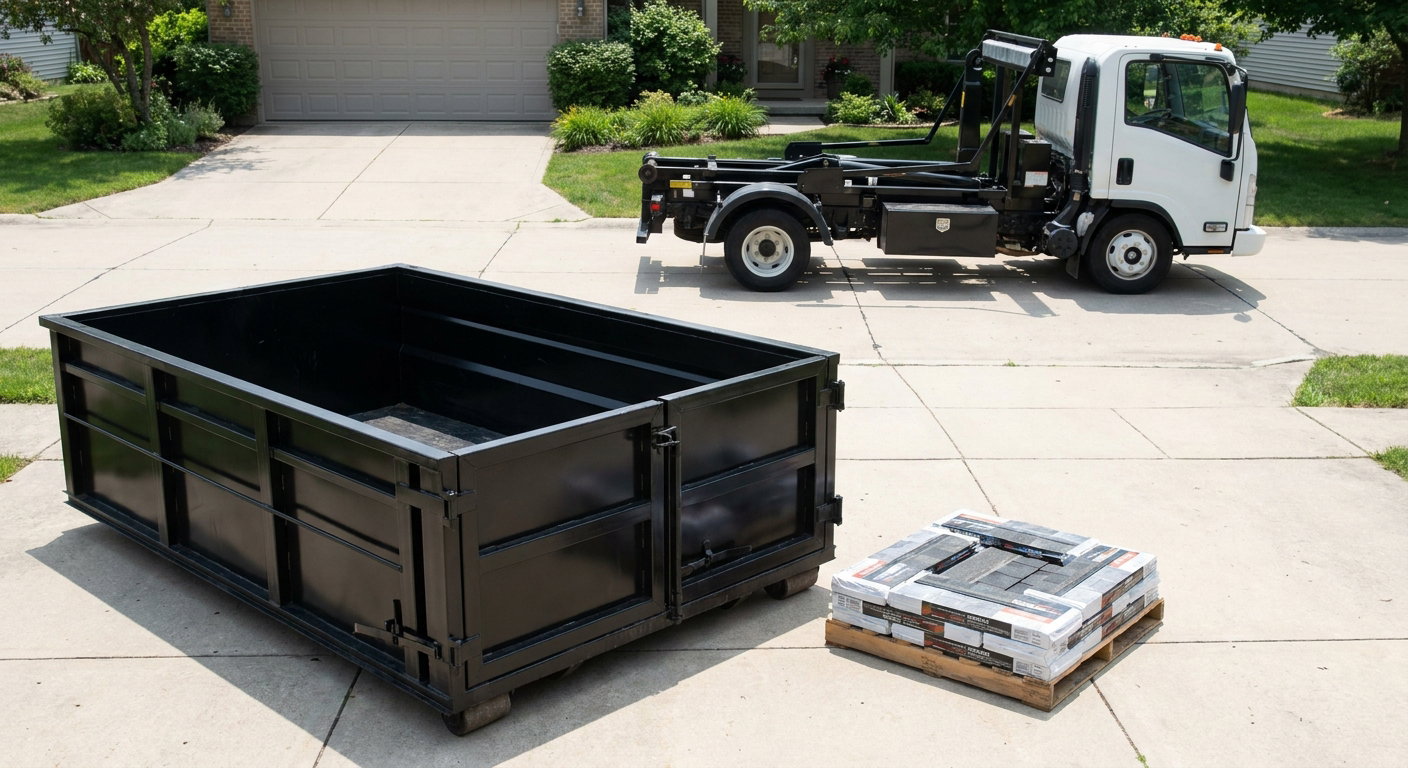 Matte-black 15-yard roofing roll-off dumpster with reinforced low side walls sitting directly on a Boulder residential concrete driveway, three-tab asphalt shingle bundles stacked nearby, an unmarked white hauler truck partially visible at the edge of the frame.