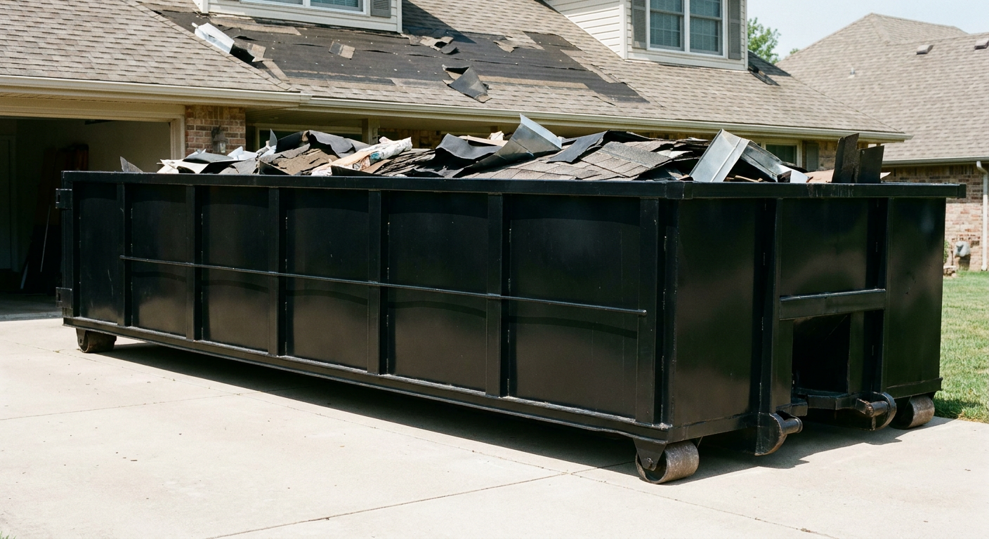 Matte-black 20-yard roofing roll-off dumpster with steel ribbed sides and swinging rear door, sitting directly on the concrete driveway of a two-story Boulder home, asphalt shingle debris being loaded over the low wall, clean documentary lighting.
