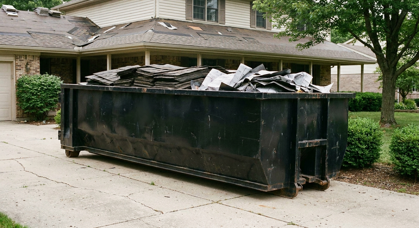 Matte-black 30-yard roofing roll-off dumpster sitting directly on a Boulder concrete driveway, taller ribbed steel side panels, mixed tear-off debris of asphalt shingles and underlayment inside, professional documentary daylight.