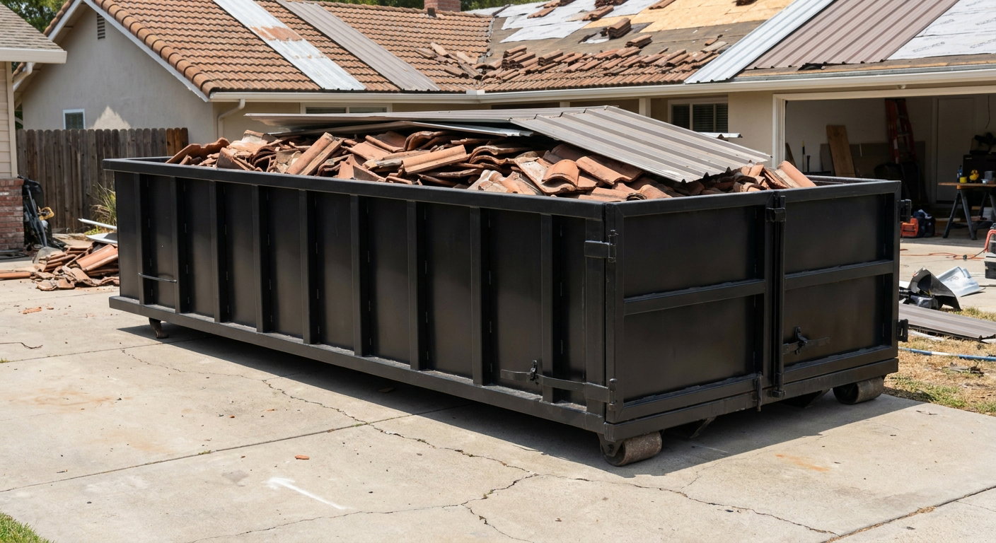 Matte-black low-wall heavy-debris roofing roll-off dumpster sitting directly on a Boulder concrete driveway, broken concrete clay roof tiles and metal panel sections loaded inside, reinforced ribbed steel side walls visible, bright outdoor daylight.