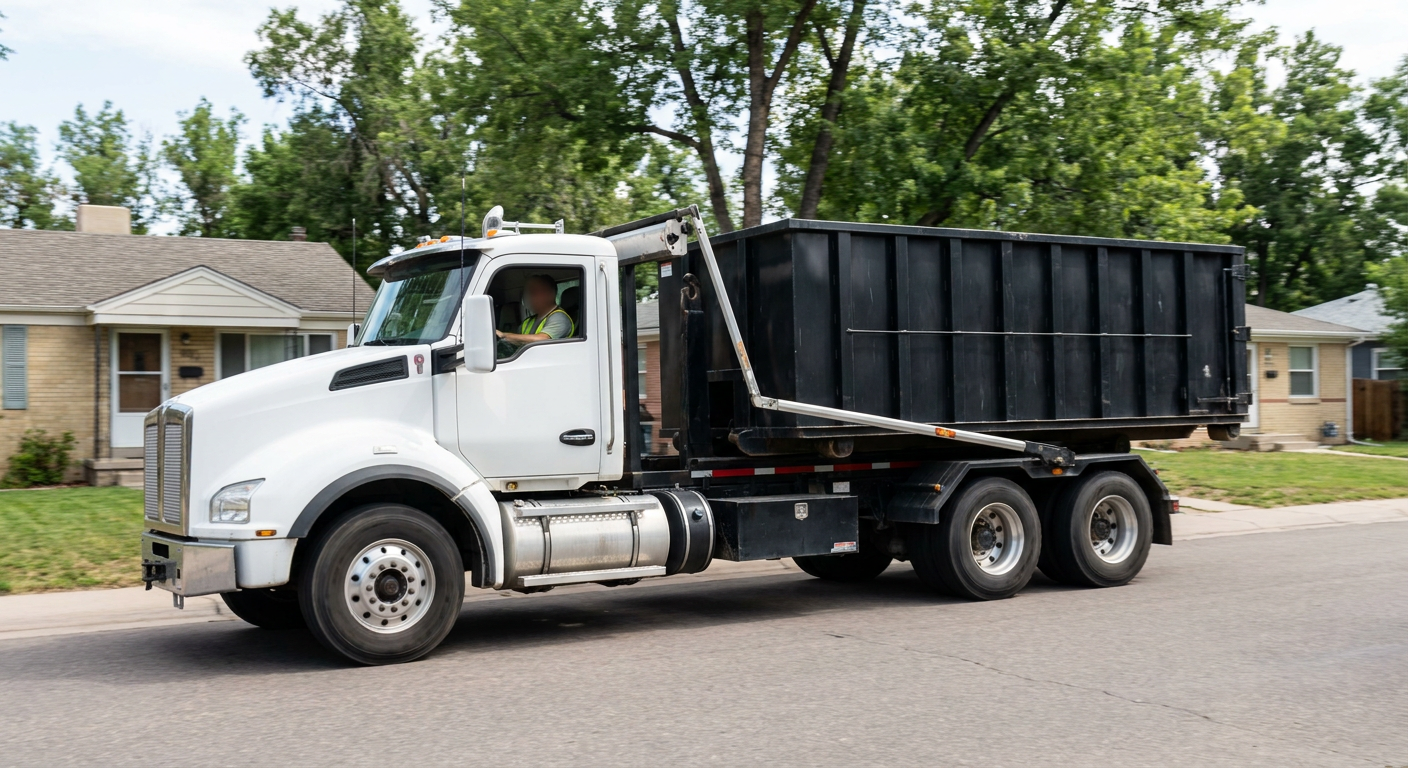 A wide documentary shot of a matte-black roll-off delivery truck pulling onto a quiet Boulder residential street at mid-morning, with neighborhood rooftops and tree-lined blocks visible behind, showing the metro coverage footprint.