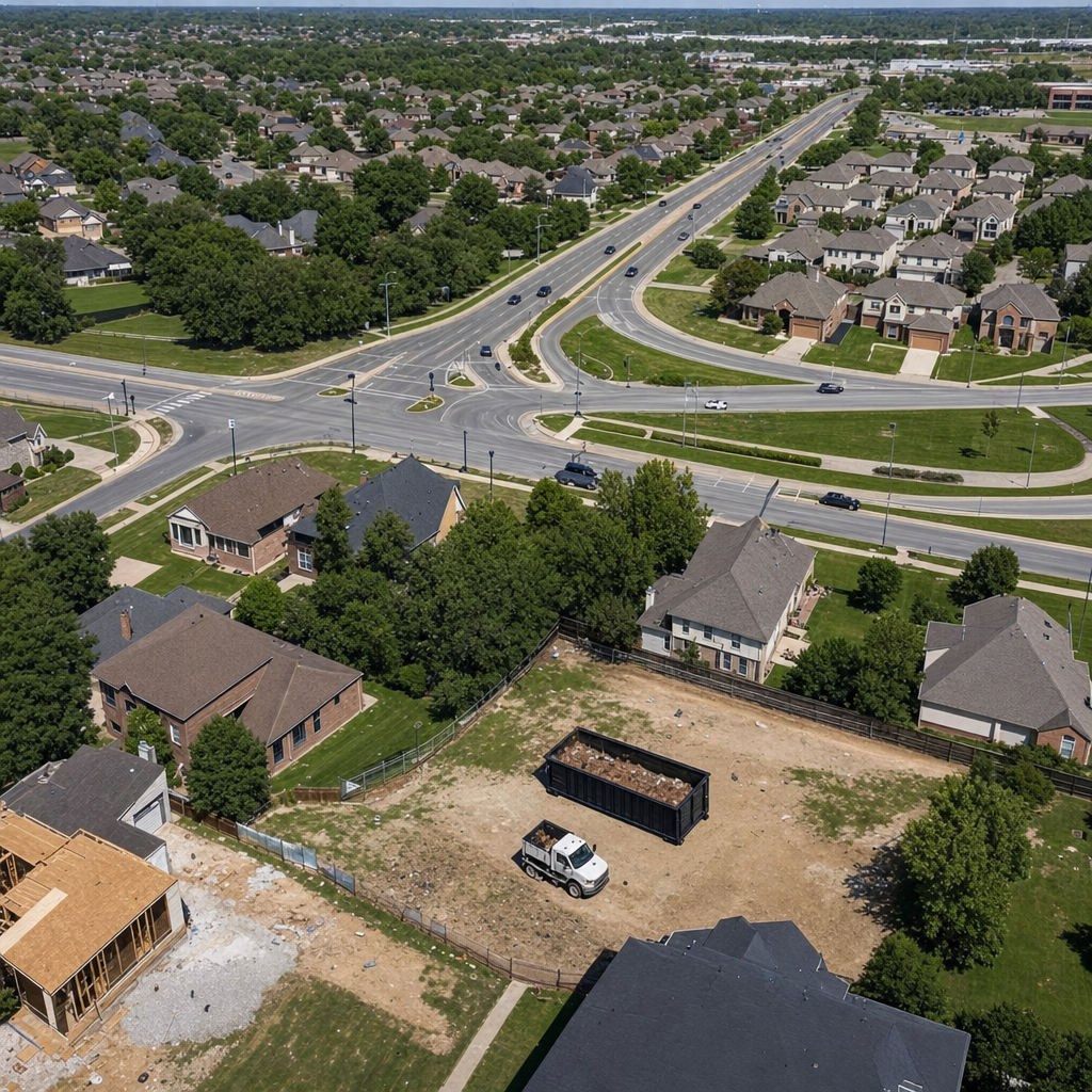 An overhead documentary view of the Boulder metro area at midday, showing the spread of neighborhoods, arterial roads, and the dispatch radius from a central yard — clean daylight, organized geographic layout.