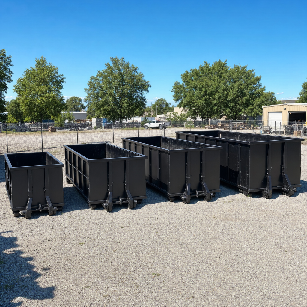 A clean lineup of matte-black roll-off dumpsters in 10, 20, 30, and 40-yard sizes staged on a sunlit gravel yard in Boulder, showing the size progression from compact to commercial-scale containers.