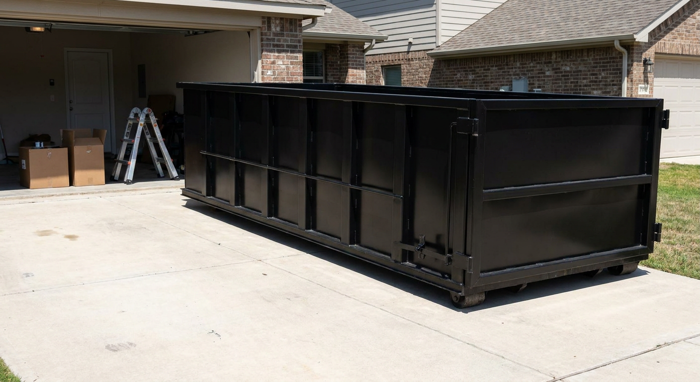 A matte-black 10-yard roll-off dumpster sitting directly on a residential Boulder concrete driveway, mid-day sunlight, clean and ready for a garage cleanout.