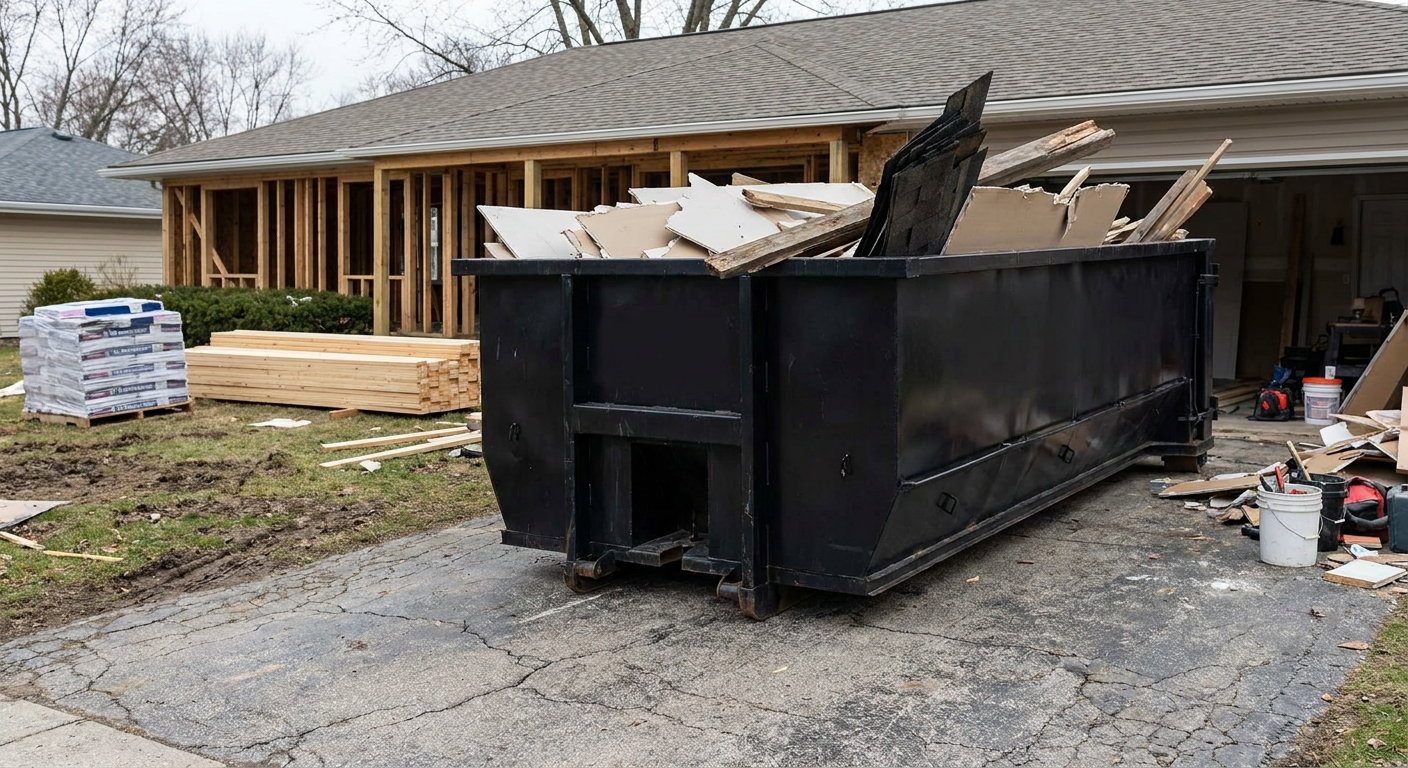 A matte-black 20-yard roll-off dumpster placed alongside a mid-renovation Boulder home directly on the asphalt driveway, with framing materials and torn-off shingles staged neatly nearby.
