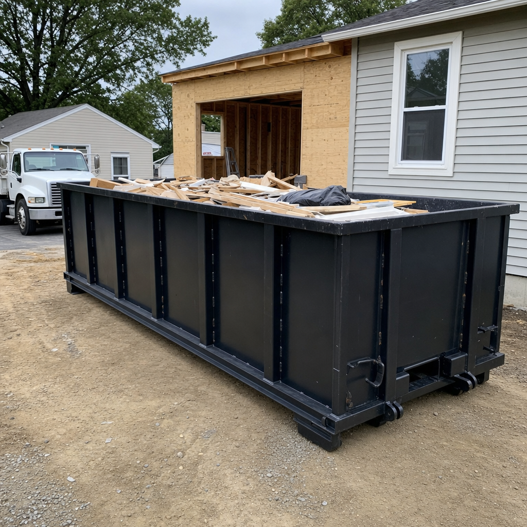 A matte-black 30-yard roll-off dumpster positioned at a Boulder residential addition jobsite, with framing lumber and drywall scraps loaded through the open swinging rear doors.