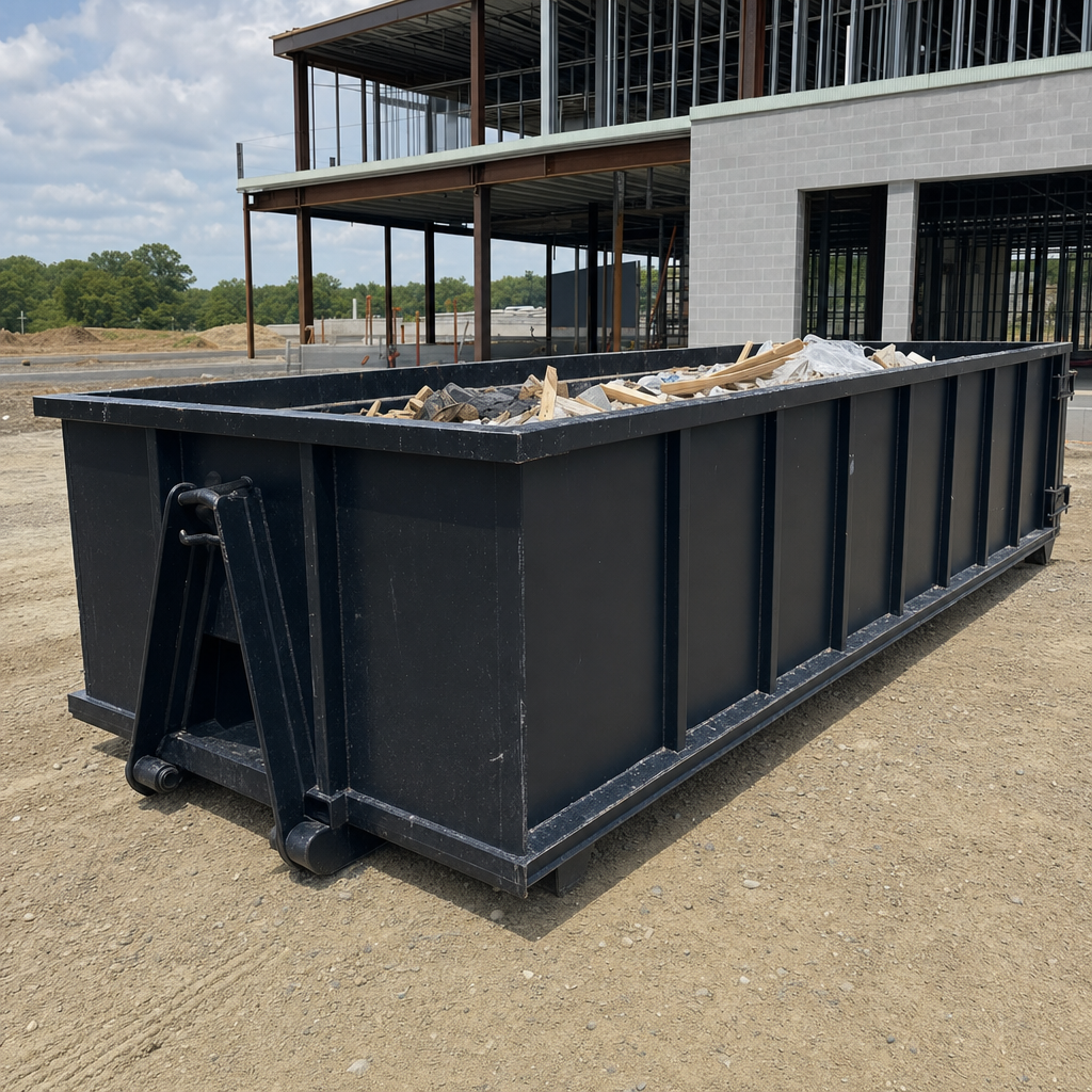 A matte-black 40-yard roll-off dumpster staged on a large Boulder commercial construction lot, with a hooklift delivery truck parked alongside under bright midday sky.