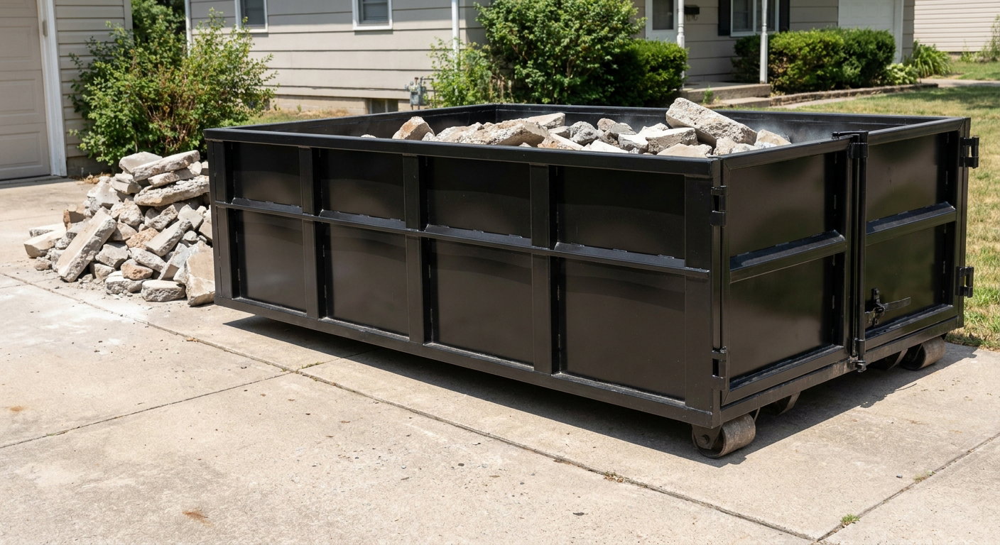 A matte-black low-side heavy-debris roll-off dumpster placed directly on a Boulder concrete driveway, with broken concrete chunks neatly stacked beside it under clean daylight.